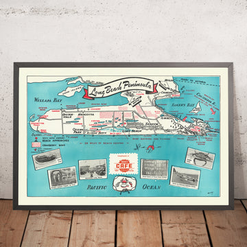 Ancienne carte picturale de la péninsule de Long Beach, État de Washington, par Mulvey, 1950 : Ilwaco, Oysterville, Ocean Park, North Head, baie de Willapa 