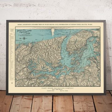 Old Birdseye Map of Puget Sound Region, 1927: Seattle, Tacoma, Olympic Peninsula, San Juan Islands, Mount Rainier