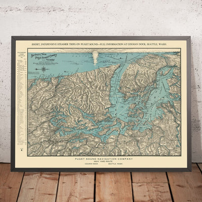 Old Birdseye Map of Puget Sound Region, 1927: Seattle, Tacoma, Olympic Peninsula, San Juan Islands, Mount Rainier