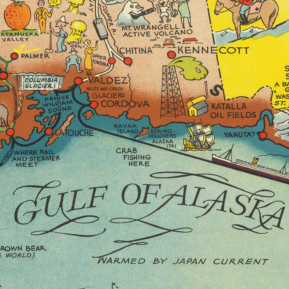 Old Pictorial Map of Alaska by Camy, 1940: Anchorage, Fairbanks, Railway, Geysers, Whales