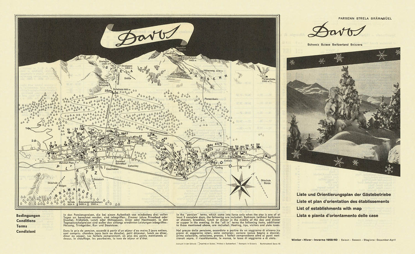 Old Ski Resort Map of Davos, 1959: Weissfluhjoch, Jakobshorn, Schatzalp, Klosters, Davos Platz