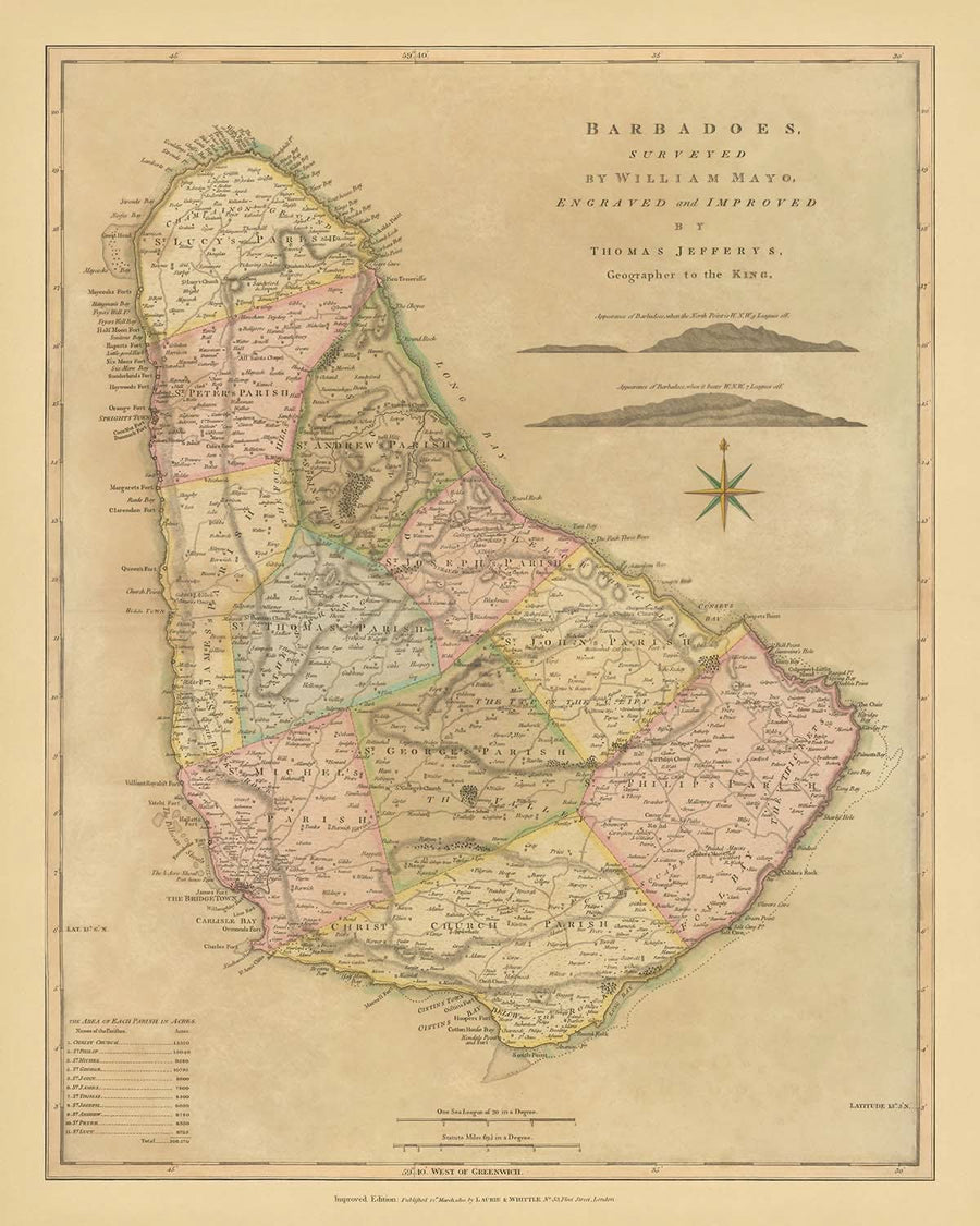 Mappa antica di Barbados di Mayo, 1810: Bridgetown, Speightstown, Parrocchie, Forti, Rosa dei Venti 