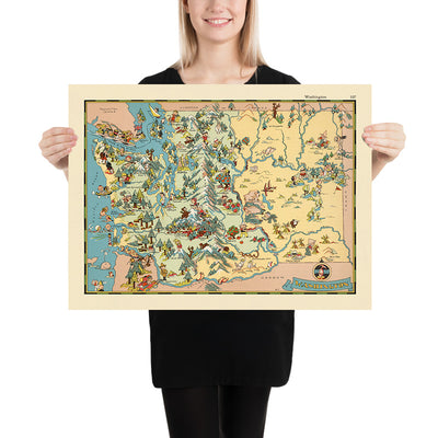 Pictorial Map of Washington State by Ruth Taylor White, 1935: Seattle, Mount Rainier, Columbia River, Olympic Mountains, Grand Coulee Dam