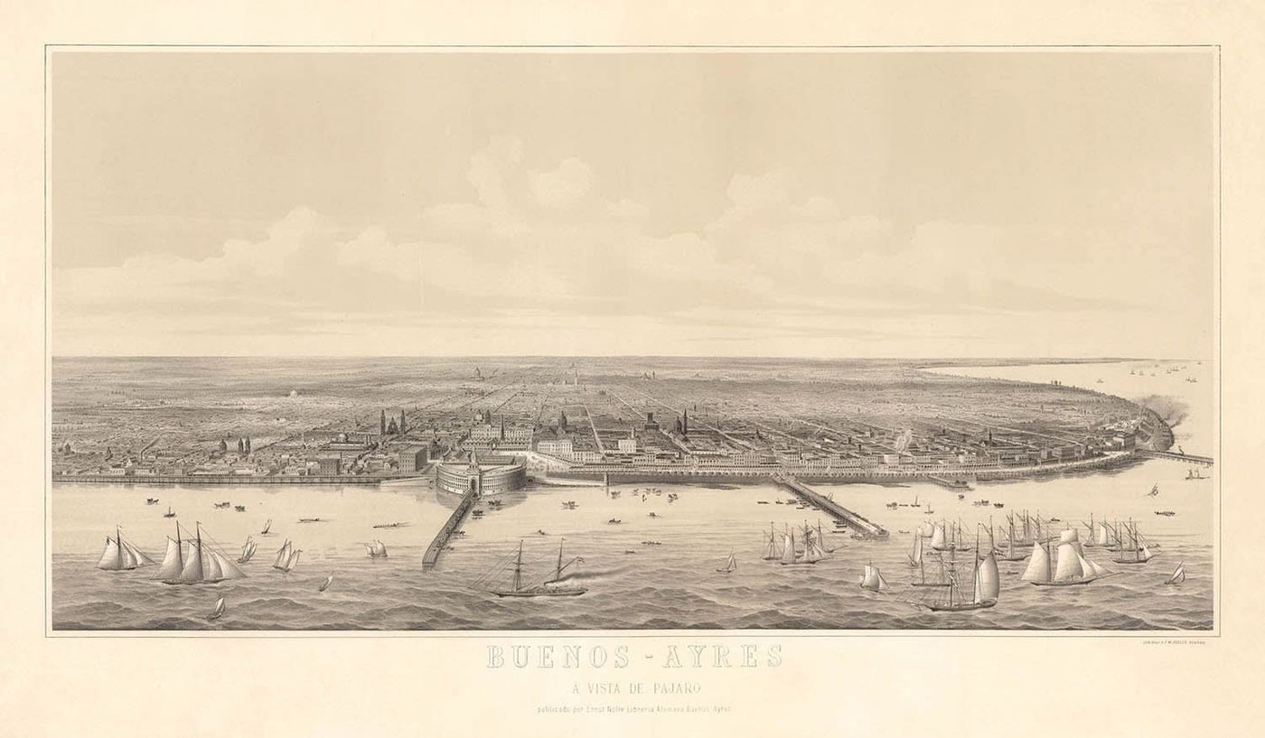 Alte Vogelperspektive-Karte von Buenos Aires von Dulin, 1880: Casa Rosada, Puerto Madero, Correo Central, Gabildo, Rio de la Plata