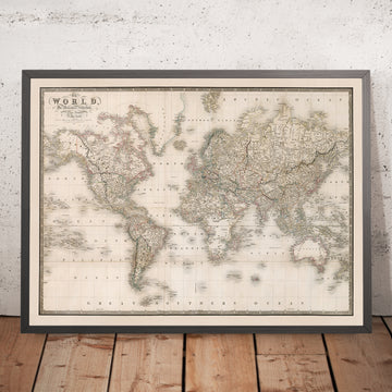 Old Map of the World by Wyld, 1837: Mercator Projection, Nautical Grid