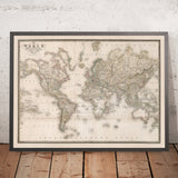 Antiguo mapa del mundo de Wyld, 1837: proyección de Mercator, retícula náutica 