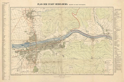 Plano antiguo de la ciudad de Heidelberg de Rübsamen, 1907: Castillo, río Neckar, Neuenheim, Bergheim, Philosophenweg