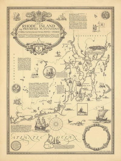 Alte Bildkarte von Rhode Island von Clegg, 1925: Providence, Newport, Schiffe, Kompassrose, Block Island