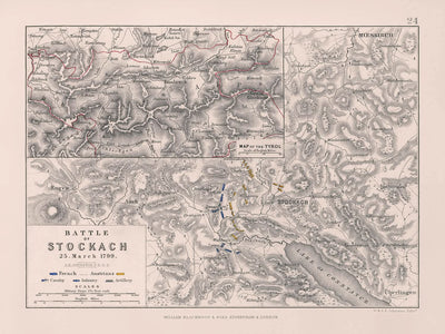 Schlacht bei Stockach von AK Johnston, 1799 Antike Farblithographie