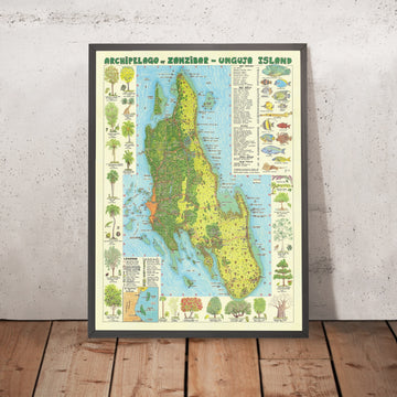 Old Pictorial Map of Unguja, Zanzibar by Tombazzi, 1996: Stone Town, Nungwi, Paje, Jambiani, Kendwa