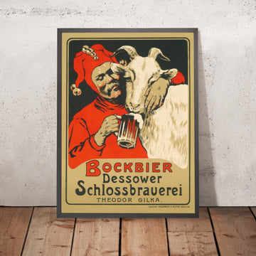 A framed image of Dessower Schlossbrauerei Vintage Bock Beer Poster by Hans Lindenstaedt, 1898
