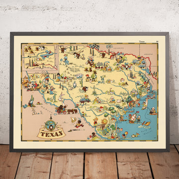 Mappa Pittorica del Texas di Ruth Taylor White, 1935: Houston, Dallas, San Antonio, Campi Petroliferi, Ranch 