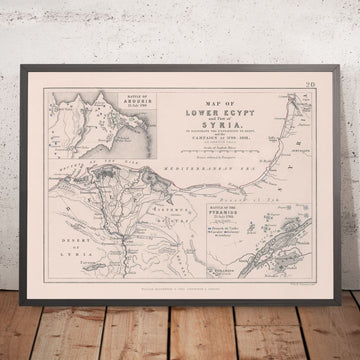 Antiguo mapa militar de las batallas de Napoleón en Egipto y Siria, 1801: Abukir, pirámides, El Cairo, Suez, Nilo