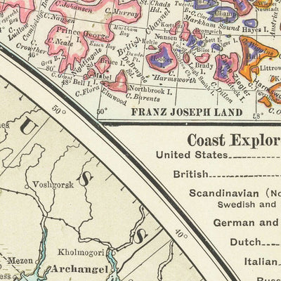 Alte Karte der Nordpolforschung, 1910: Peary's Route, Arktisreisen, Grönland, Spitzbergen, Sibirien