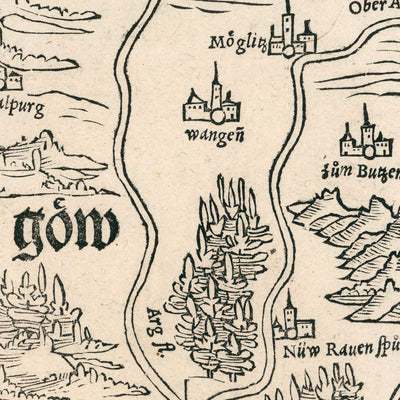 Old Map of Lake Constance by Munster, 1540: German-Swiss-Austrian Border, Konstanz, Lindau, Bregenz, St. Gallen, Holbein Style
