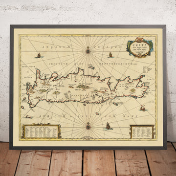 Ancienne carte de Crète par Jansson, 1650 : Cydonie, Knossos, Monstre marin, Vaisseaux maritimes, 