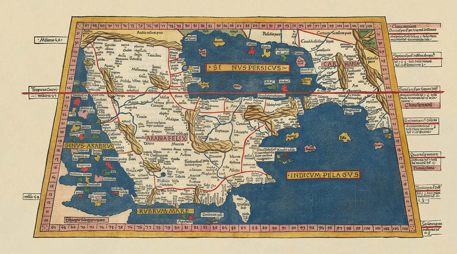 Mappa antica della penisola arabica di Tolomeo, 1482: Arabia Felix, Mar Rosso, Golfo Persico, Carmania 