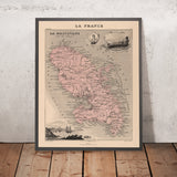 Mapa antiguo de Martinica, Antillas Menores, de Vuillemin, 1869: Fort-de-France, Saint-Pierre, caña de azúcar 