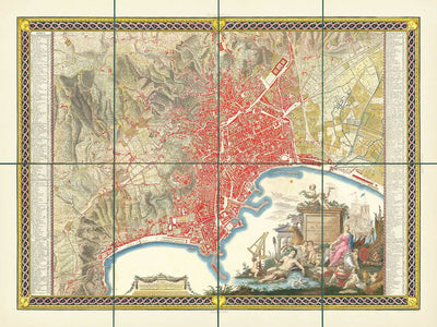 Mapa antiguo de Nápoles de Rizzi-Zannoni, 1794: Borgo Santa Lucia, Chiaia, Toledo, Porta Capuana, San Carlo