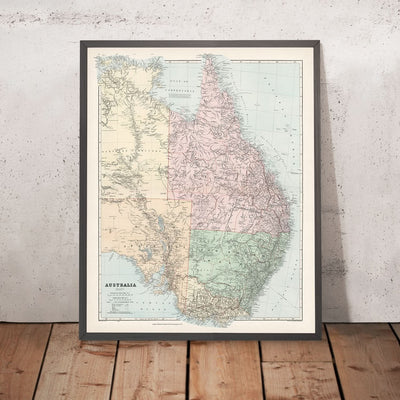 Mapa antiguo de Australia Oriental de Stanford, 1887: Sídney, Melbourne, Brisbane, Gran Cordillera Divisoria, Ferrocarriles