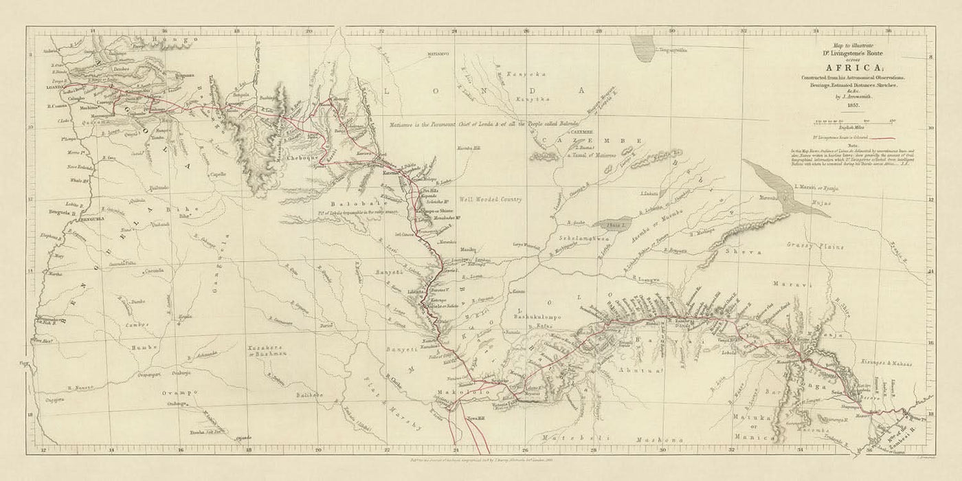 Ancienne carte de la route africaine du Dr Livingstone par Arrowsmith, 1857 : Linyanti, Quelimane, chutes Victoria, Zambèze, Kalahari