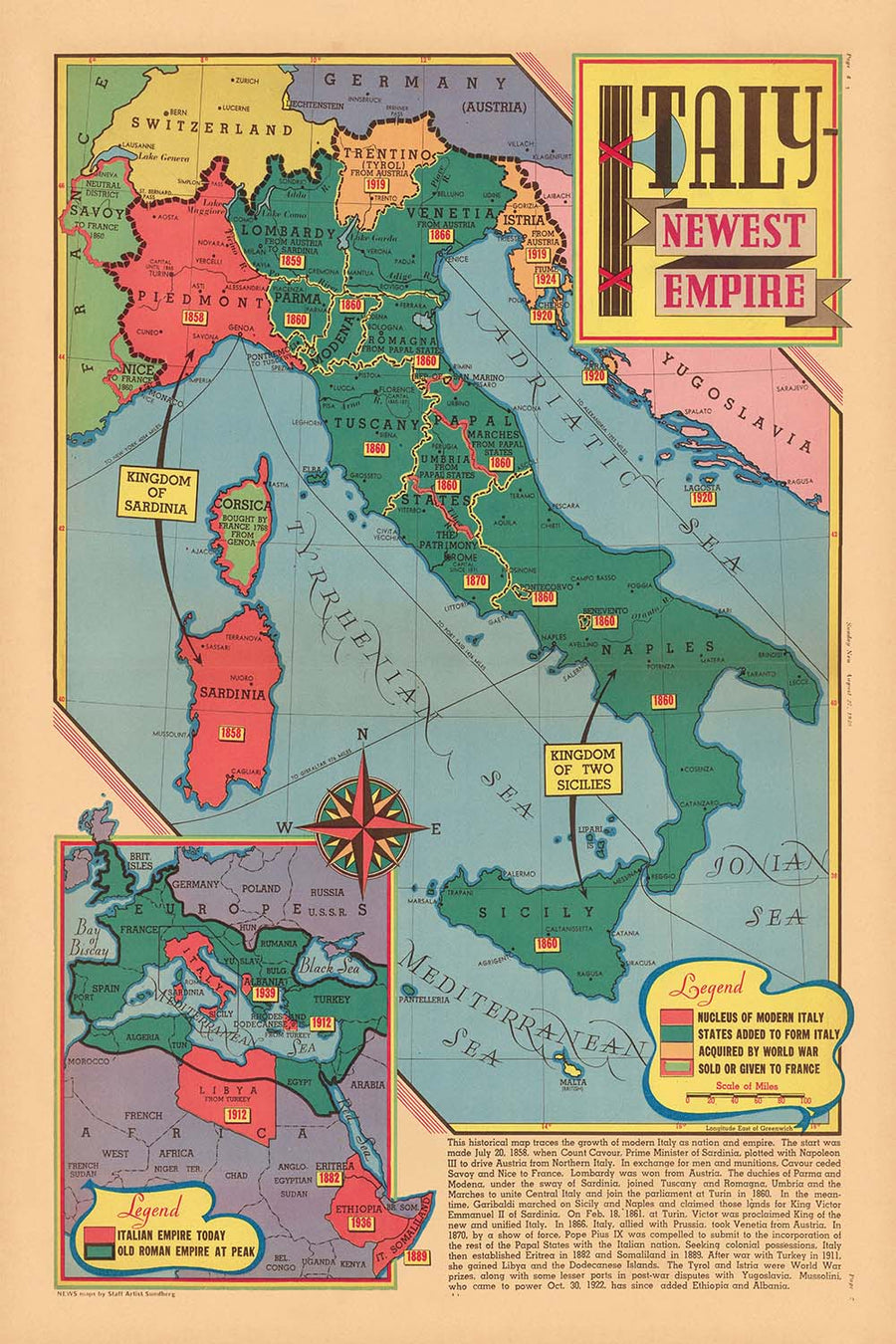 Old Map of "Italy - the Newest Empire" by Sundberg, 1939: WW2, Mussolin, Vs. Roman Empire