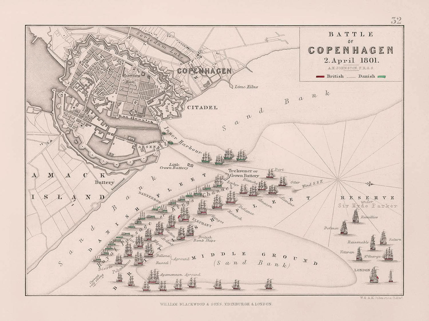 Batalla de Copenhague, 2 de abril de 1801, por AK Johnston, 1801