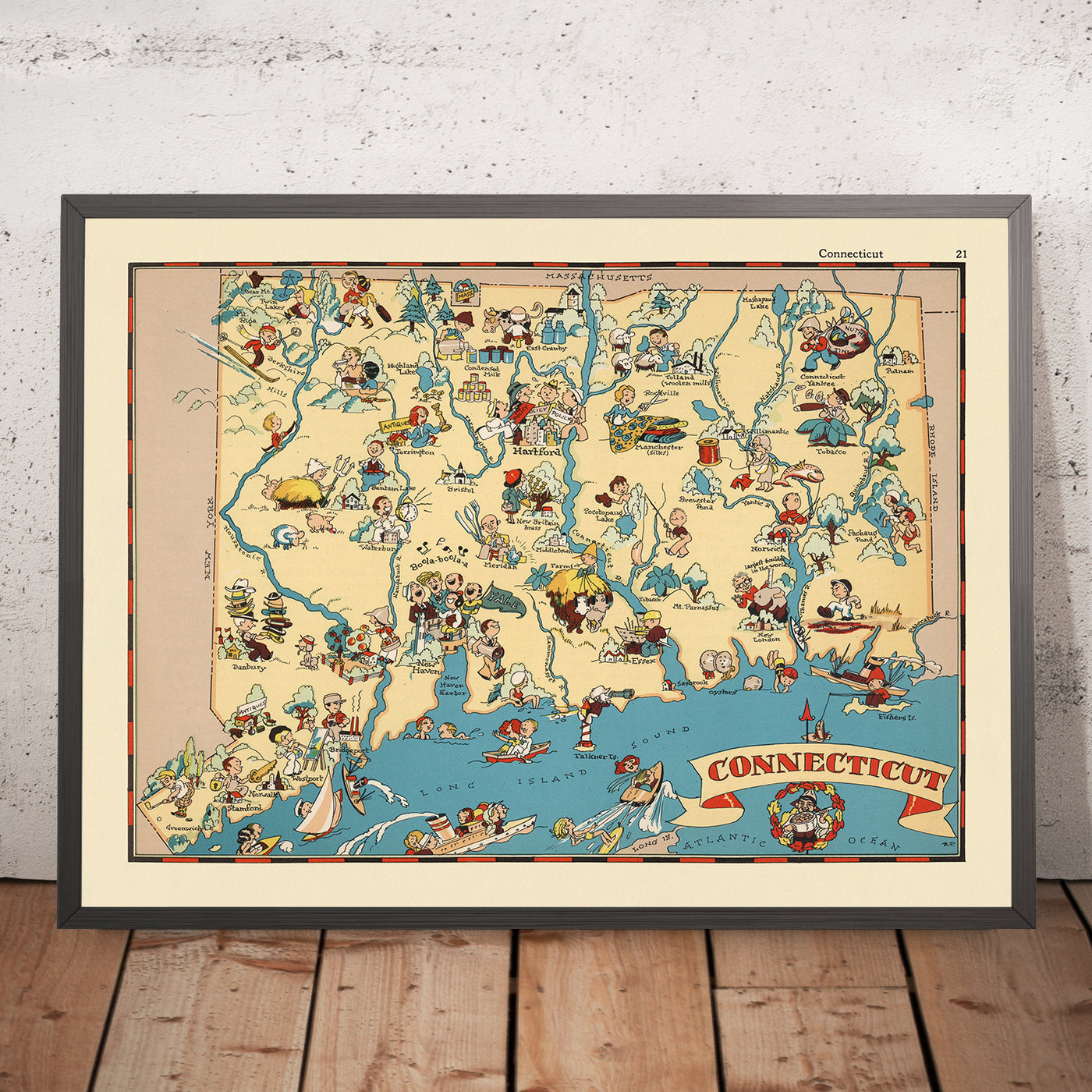 Pictorial Map of Connecticut by Ruth Taylor White, 1935: Bridgeport, New Haven, Yale, Long Island Sound, Connecticut River