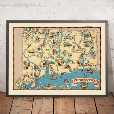 Pictorial Map of Connecticut by Ruth Taylor White, 1935: Bridgeport, New Haven, Yale, Long Island Sound, Connecticut River