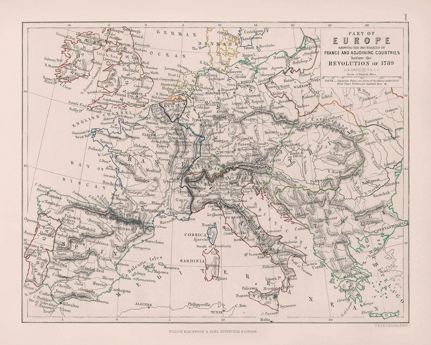 Old Map of Europe Before the French Revolution and Napoleonic Wars, 1789