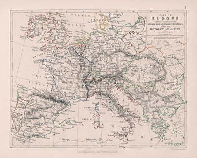 Old Map of Europe Before the French Revolution and Napoleonic Wars, 1789