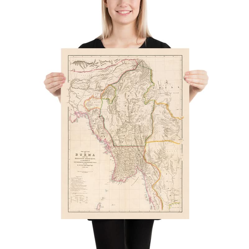Mappa antica della Birmania (Myanmar) di Arrowsmith, 1857: Irrawaddy, Salween, Yangon, Mandalay, Monti Arakan 