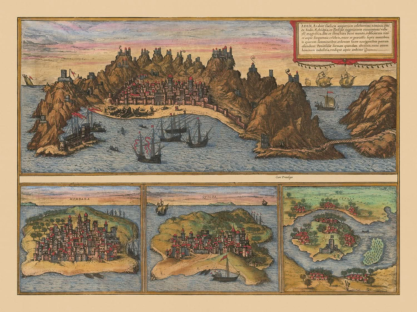 Ancienne carte illustrée d'Aden par Braun & Hogenberg, 1572 : fortifications, ports, navires, Mombasa, Kilwa