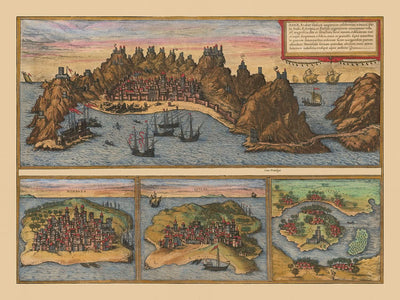 Ancienne carte illustrée d'Aden par Braun & Hogenberg, 1572 : fortifications, ports, navires, Mombasa, Kilwa