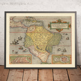Old Map of South America by de Jode, 1578: first atlas map of the continent; Cusco & Mexico City insets; sea monsters