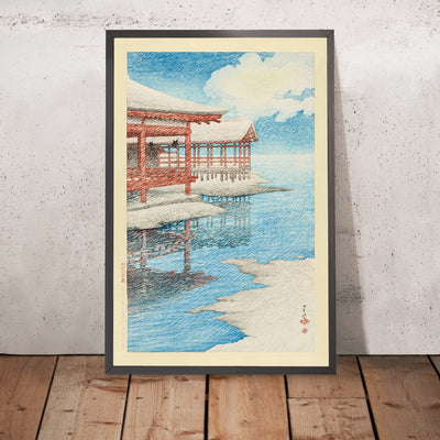A framed image of A Fine Winter's Sky & Snow in Miyajima by Hasui Kawase, 1935