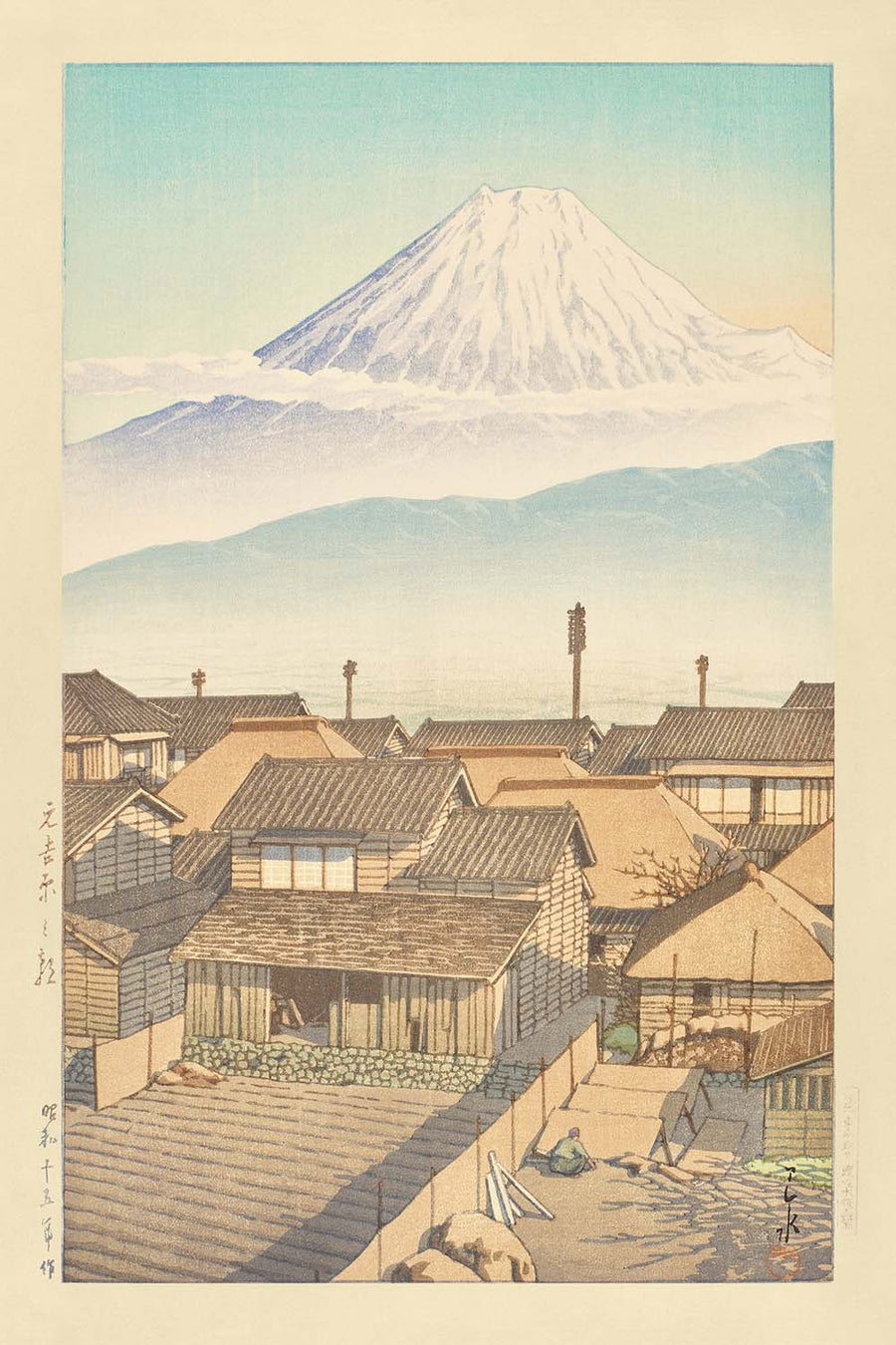 Morgen in Motoyoshiwara mit dem Fuji von Hasui Kawase 1935 