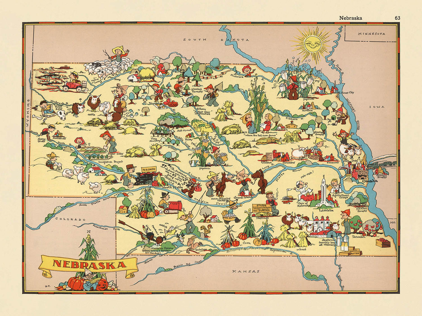 Pictorial Map of Nebraska by Ruth Taylor White, 1935: Omaha, Lincoln, Platte River, Sandhills, Railroads