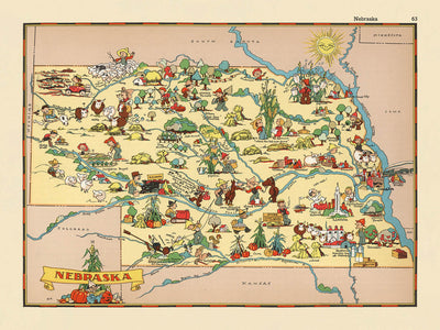 Pictorial Map of Nebraska by Ruth Taylor White, 1935: Omaha, Lincoln, Platte River, Sandhills, Railroads