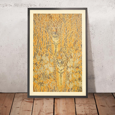 A framed image of Camouflaged Tigers by Toshi Yoshida, 1985