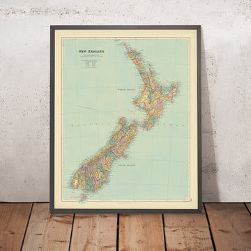Mapa antiguo de Nueva Zelanda por Stanford, 1887: Auckland, Wellington, Alpes del Sur, Isla Stewart, Condados 