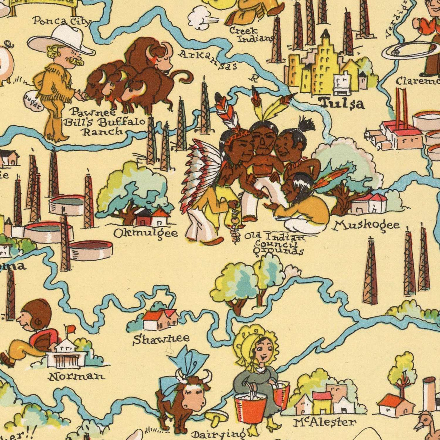 Pictorial Map of Oklahoma by Ruth Taylor White, 1935: Oklahoma City, Tulsa, Oil Fields, Native American Motifs, Dust Bowl Era