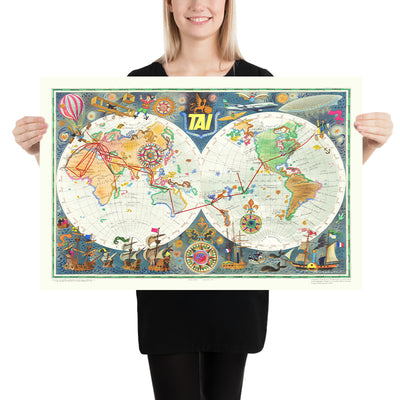 Old TAI Airline Routes World Map by Bayle, 1957