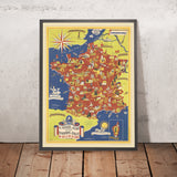 Alte bildliche Karte von Frankreich von Lucien Boucher, 1950: Alpen, Pyrenäen, Landwirtschaft, Trauben 