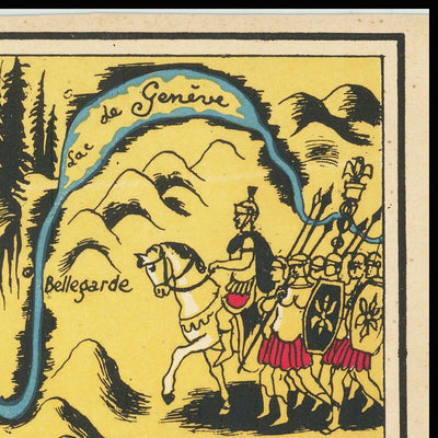 Mapa ilustrado antiguo del río Ródano realizado por Boucher en 1938: Lyon, Nimes, Aviñón, Mont-Ventoux y anfiteatro romano