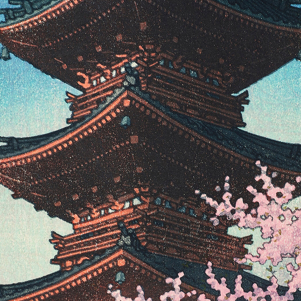 Toshogu Shrine and Cherry Blossom in Spring Dusk by Hasui Kawase 1935