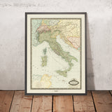 Mapa antiguo de Italia de Garnier, 1861: Unificación, Roma, Milán, Venecia, Alpes, río Po 