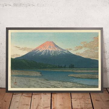 A framed image of Fuji River and Mt. Fuji by Hasui Kawase, 1935