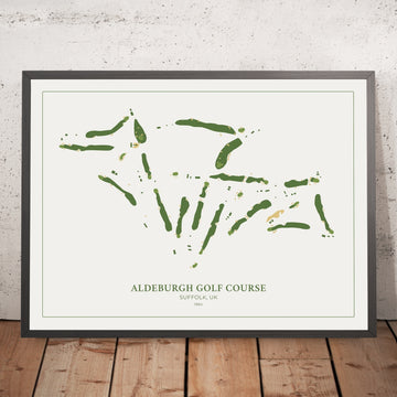 A framed image of Aldeburgh Golf Course in the style of a simple and modern golf course map