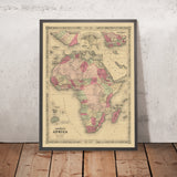 Ancienne carte de l'Afrique par Johnson, 1864 : frontières coloniales, itinéraires d'explorateurs, Cape Town et encart du Libéria 